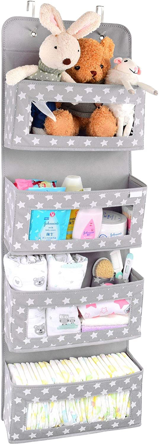 acbags for baby&mum Over the Door Hanging Organizer with Hooks - Unisex Space Saving 4 Pocket Storage Solution for Bathroom, Children's Room, Nursery - Clear Window Caddy Hanger - 2 Small Items Utility Pockets