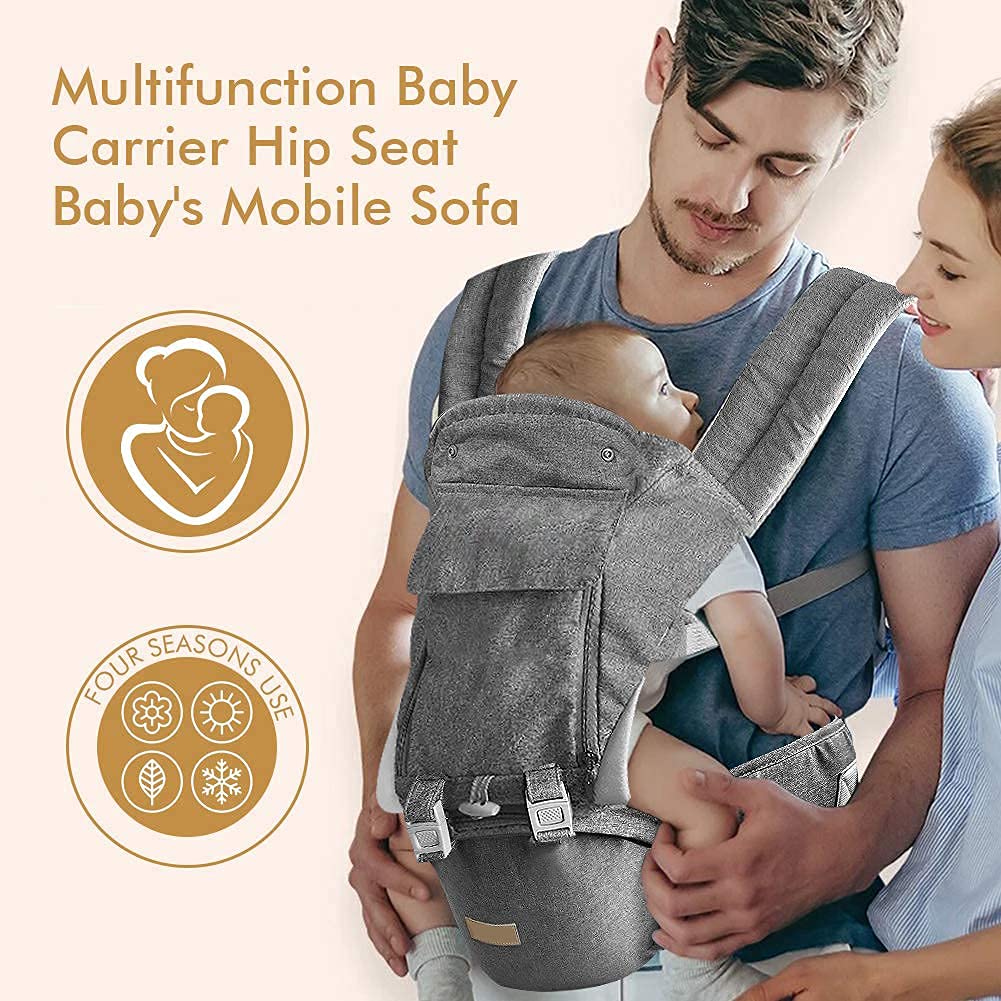 Acbags Baby Carrier, 6-in-1 Carrier Newborn to Toddler, Wrap with Hip Seat Lumbar Support, Carriers for All Seasons ＆ Positions, Perfect Hiking Shopping Travelling, Grey, 